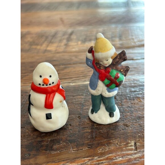 Vintage Ceramic Snowman & Boy Figurines Holding Gifts Christmas Village Figurine - Picture 5 of 12